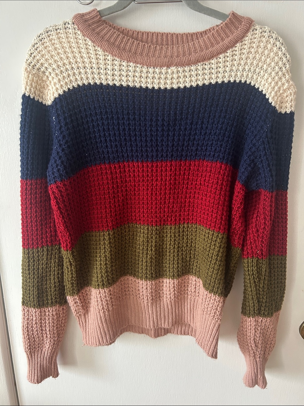 Vintage Y2K Colorblock Waffle Knit Crewneck  Sweater in Navy, Red, Olive & Pink
